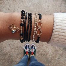 Load image into Gallery viewer, 6 pcs/set Love Heart Infinity Symbol Charm Bracelets for Woman Gold Link Chain Bracelets Hollow Feather Black Beads Braclet Girl